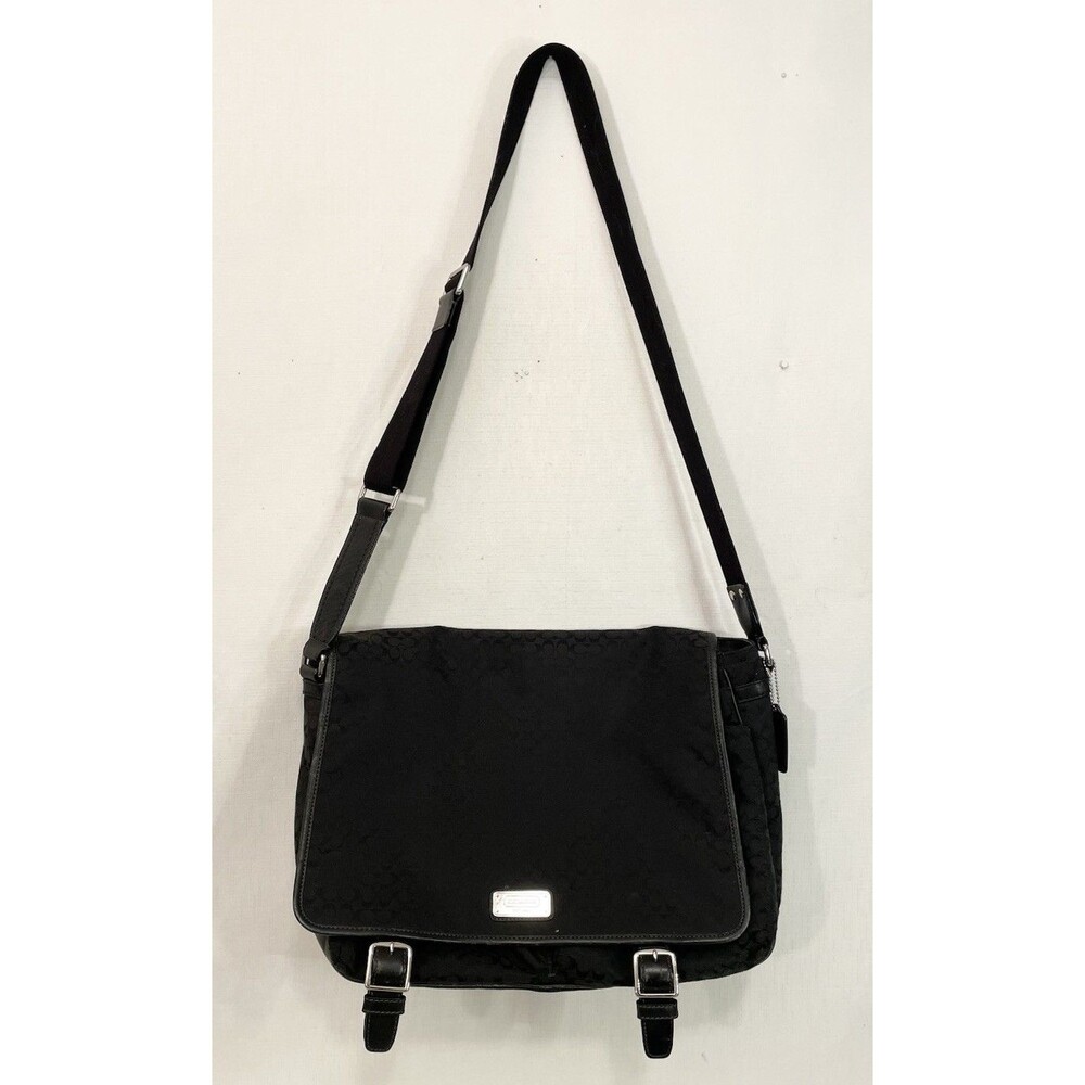 Coach Saddle Signature Messenger Black Canvas Bag F70293 Green Interior Unisex